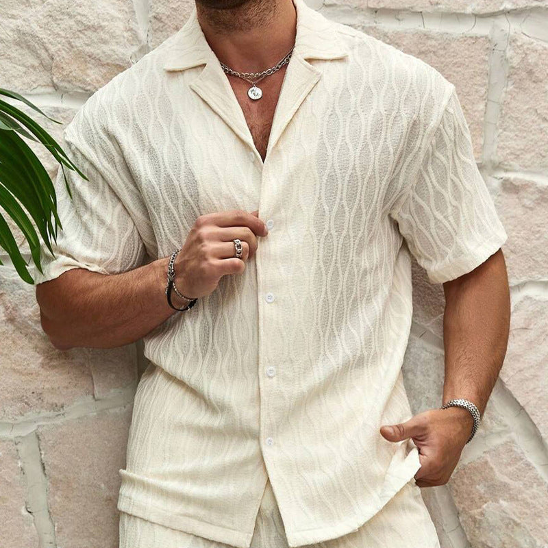 Men Tracksuits Summer Fashion Solid Loose Casual Two Pieces Lapel Button Shirt Shorts Beach Holiday All-match Outfits Male - Moha