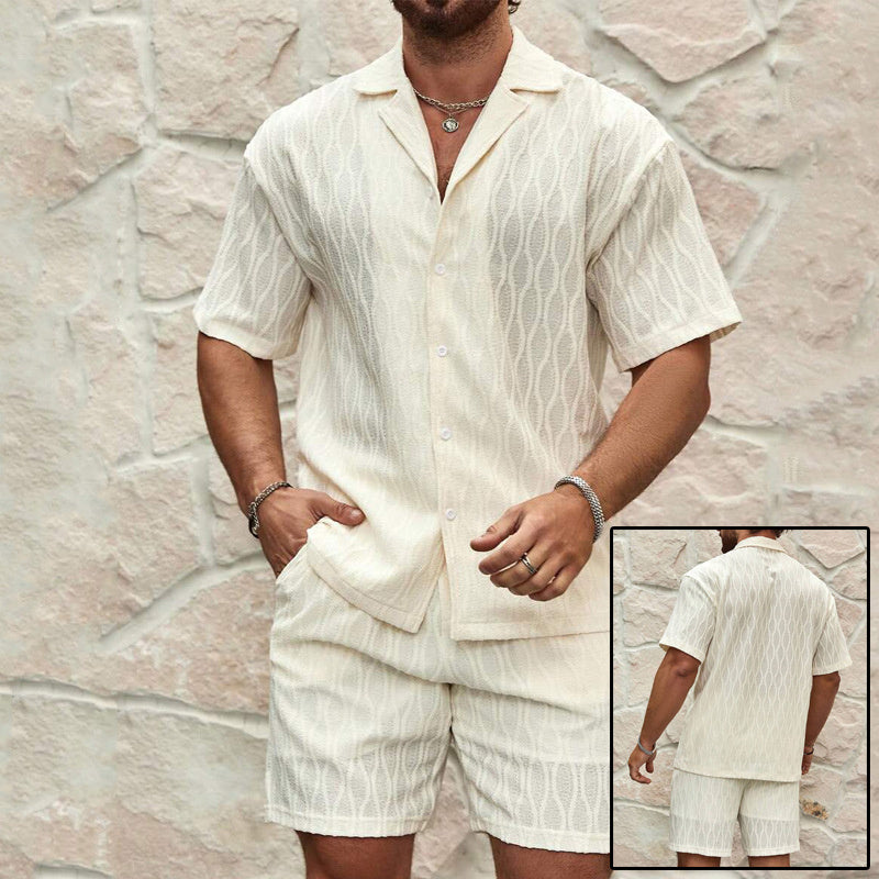 Men Tracksuits Summer Fashion Solid Loose Casual Two Pieces Lapel Button Shirt Shorts Beach Holiday All-match Outfits Male - Moha